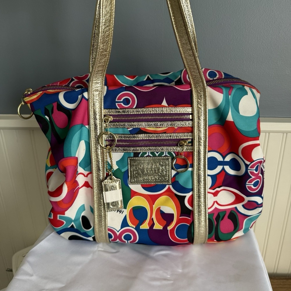 COACH POPPYSignature C GLAM Large Tote Multi-Color Shoulder Carryall Bag Purse